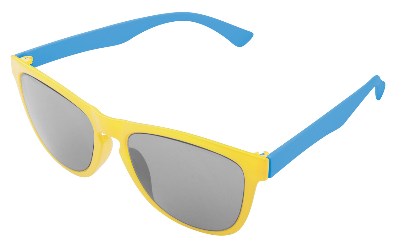 Lunette de soleil sur mesure face avant jaune et branches bleu